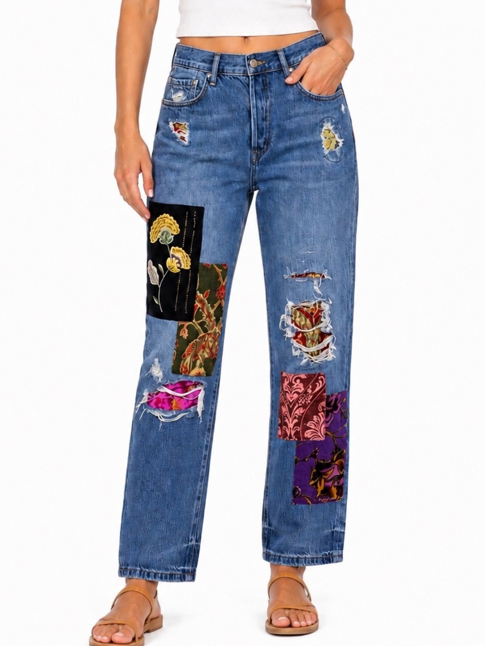 Free People Lux Cotton Embellished Patchwork Boyfriend jeans size 31